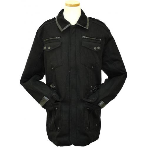 Prestige Black Wool Blend 3/4 Length Coat With Leather Trimming WLJ-105